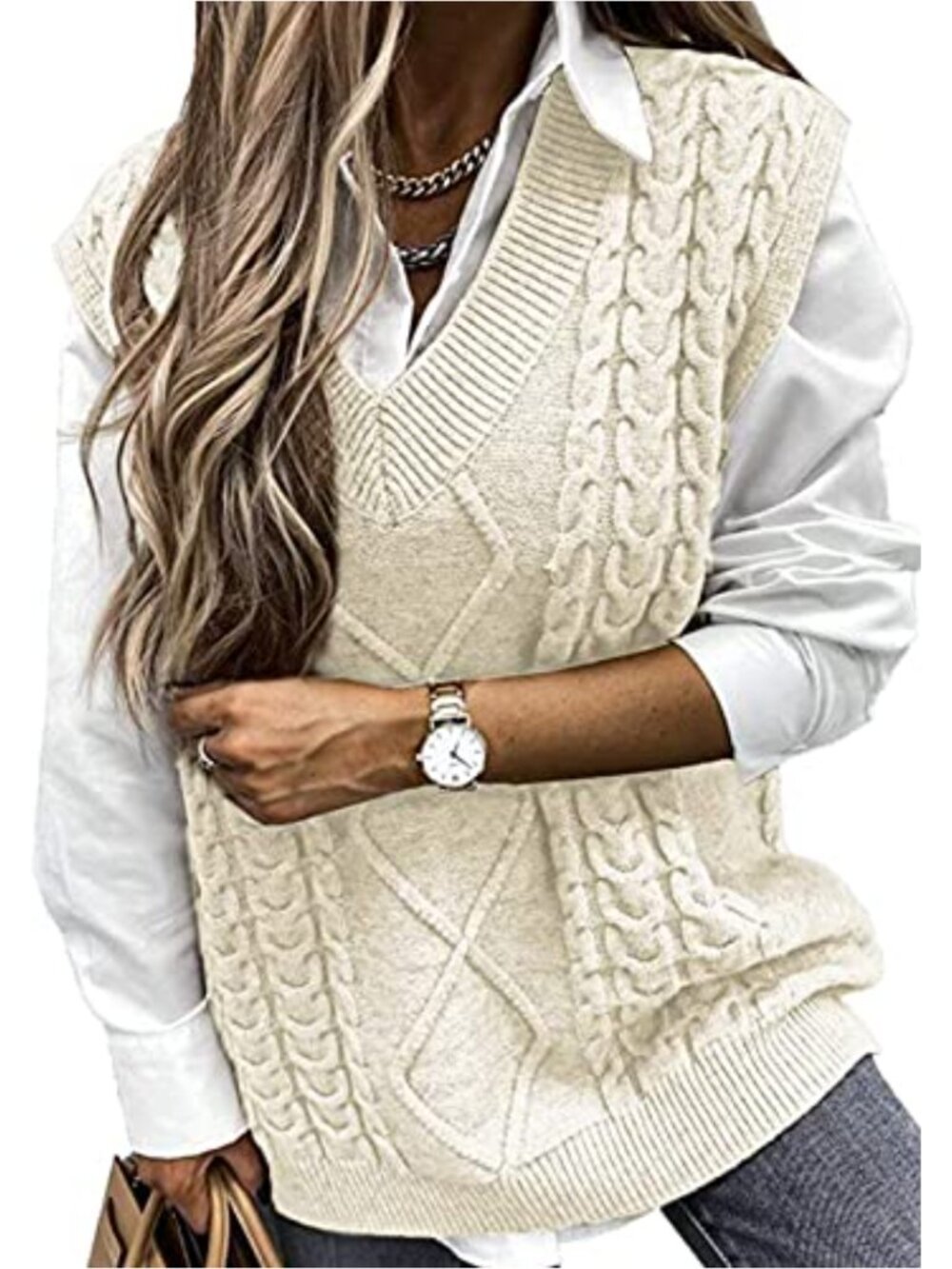 Oversized Cable Knit Sweater Vest Sleeveless V-Neck Casual Pullover Women